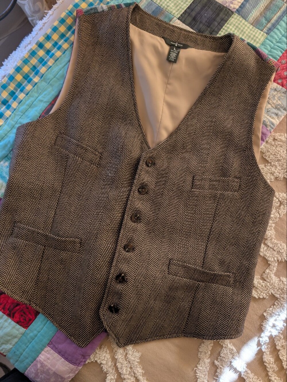 Hipster men's vest w plaid back, Size Large, mad men, retro